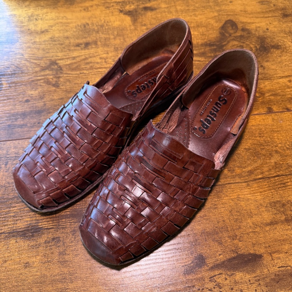 Sunsteps Brown Hand Woven Leather Shoes Men's 8 Huarache Loafers Vacation Cruise